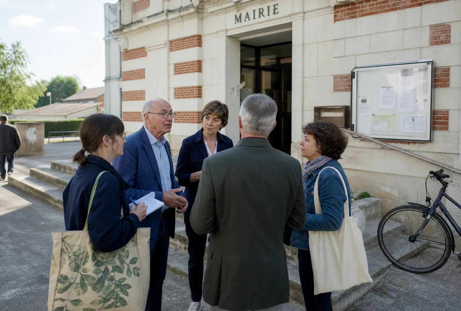 Citoyens et élus anonymes échangent sur le parvis d’une mairie française, en pleine lumière naturelle