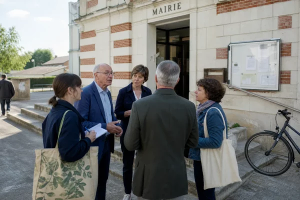 Citoyens et élus anonymes échangent sur le parvis d’une mairie française, en pleine lumière naturelle