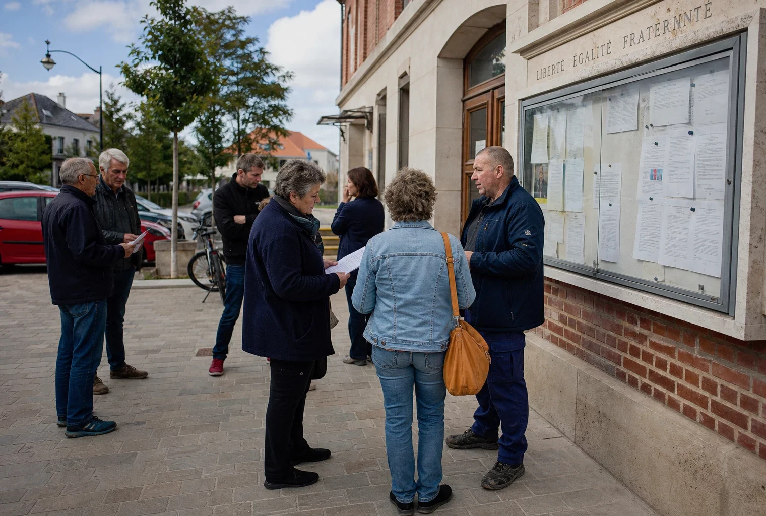 Habitants réunis devant une mairie du Val-d’Oise pour un débat citoyen sur le projet de la gauche