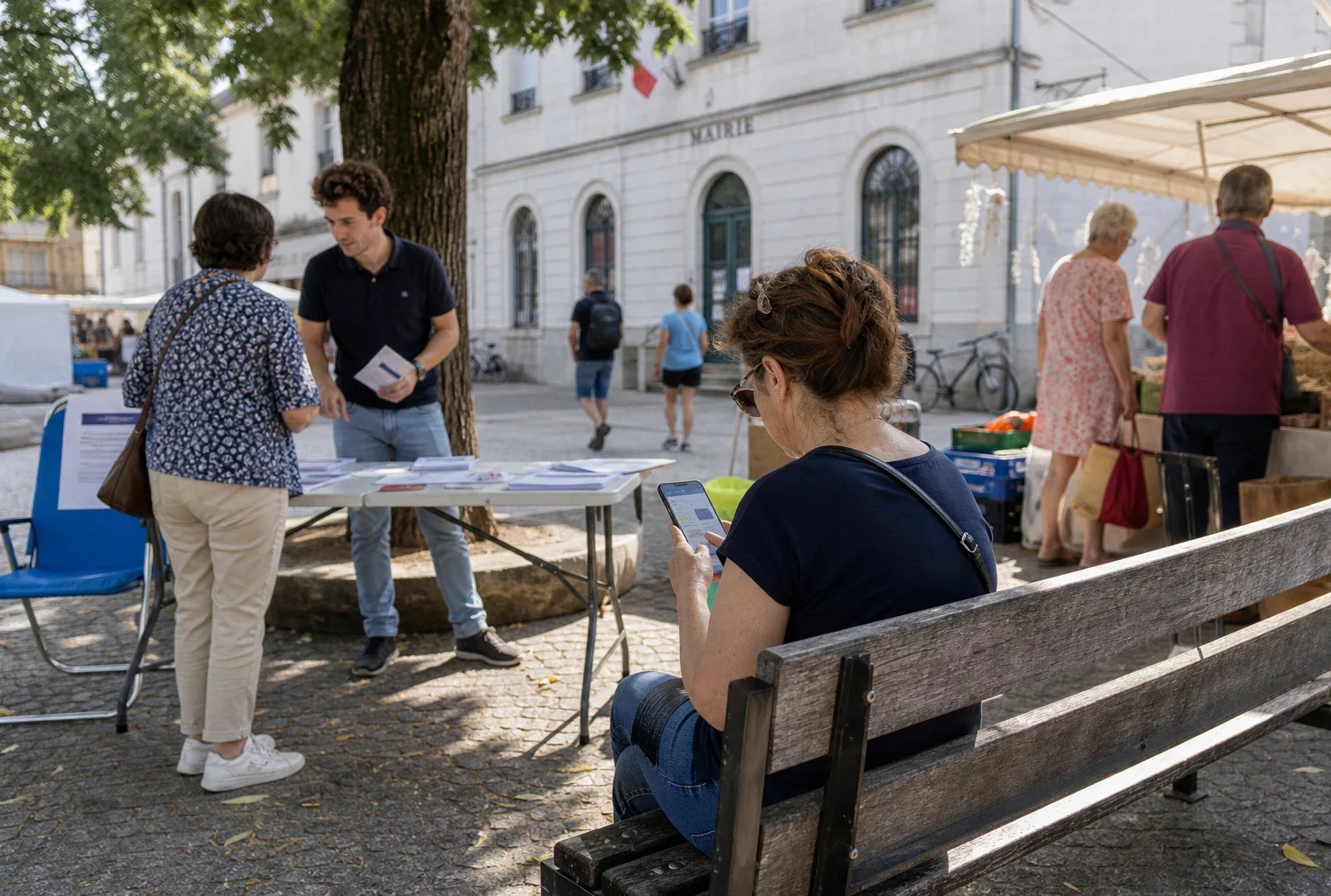 Habitants anonymes d’une ville française utilisant leur téléphone près d’un marché et d’un espace municipal