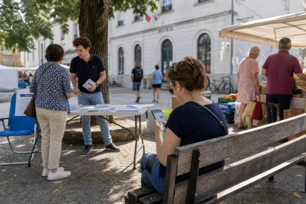 Habitants anonymes d’une ville française utilisant leur téléphone près d’un marché et d’un espace municipal