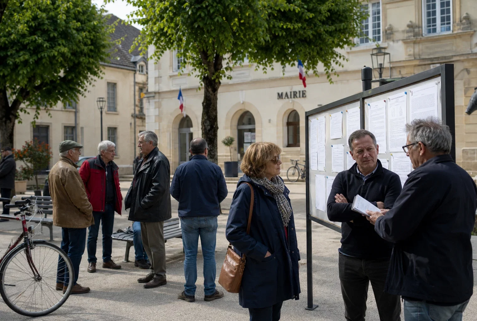 Habitants anonymes échangent sur une place de ville française près d’une mairie, dans une scène de reportage politique local