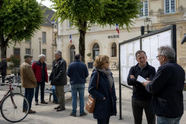 Habitants anonymes échangent sur une place de ville française près d’une mairie, dans une scène de reportage politique local