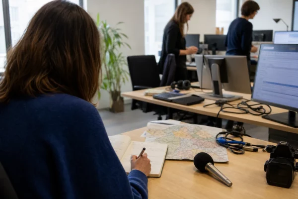 Journaliste préparant un sujet politique dans une rédaction locale, avec carnet, carte papier floue et micro sans logo