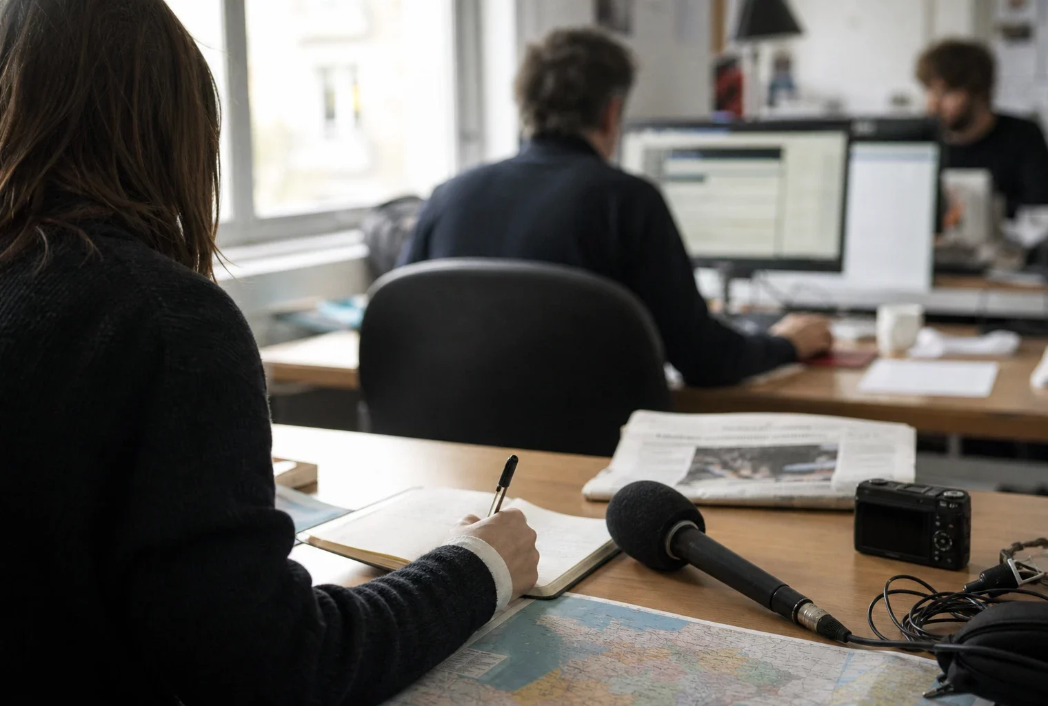 Journaliste préparant un sujet politique dans une rédaction régionale, avec carnet, carte floue et micro sans logo