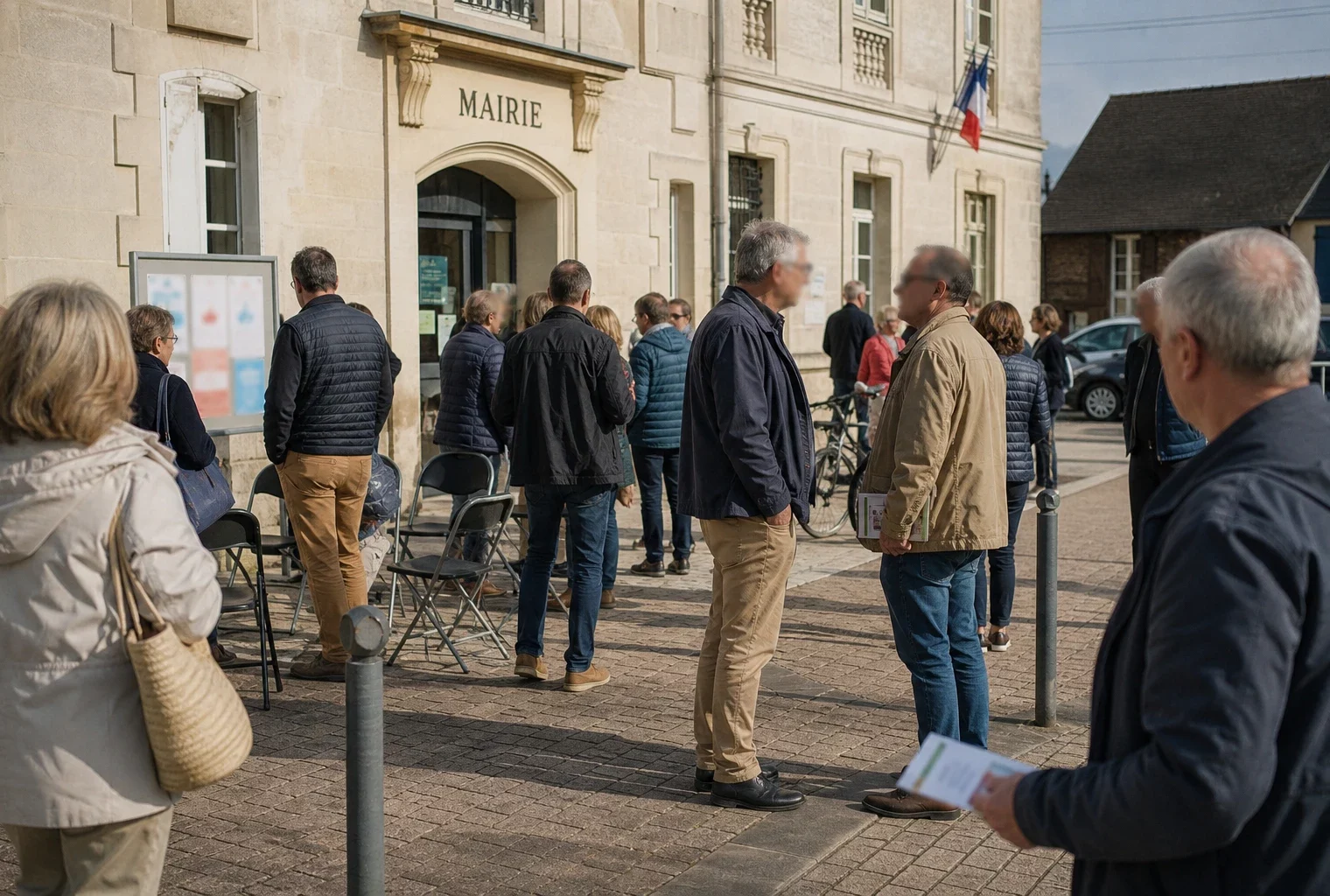 Citoyens anonymes échangeant devant une mairie française lors d’une réunion politique locale