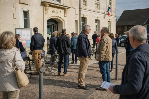 Citoyens anonymes échangeant devant une mairie française lors d’une réunion politique locale