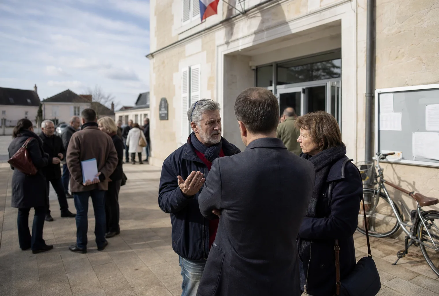 Citoyens anonymes échangeant devant une mairie française lors d’une réunion politique locale