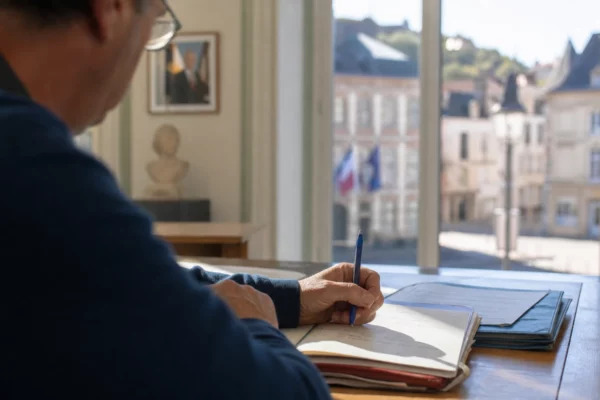 Élu local anonyme prenant des notes dans une mairie française sur l’organisation d’une primaire présidentielle