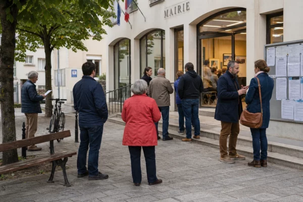 Citoyens anonymes échangeant devant une mairie française à l’approche d’une primaire politique