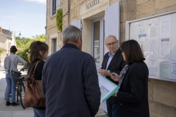 Citoyens anonymes échangeant devant une mairie française autour des enjeux de la primaire socialiste