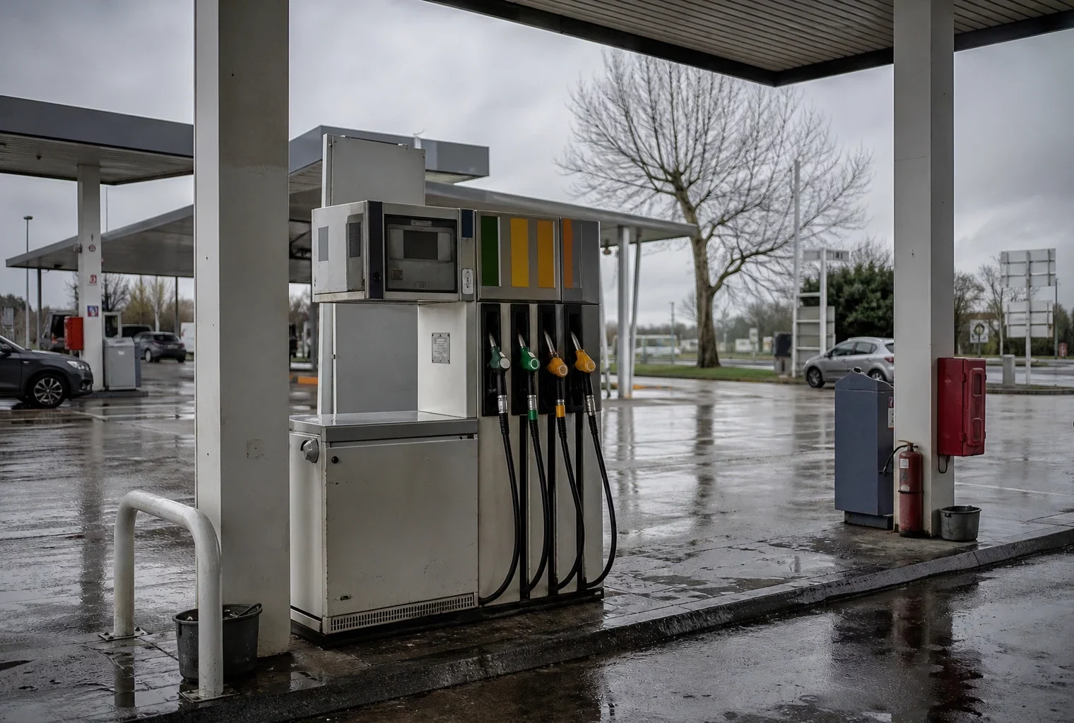 Une pompe à carburant en station-service, avec l’afficheur des prix et quelques voitures en arrière-plan.