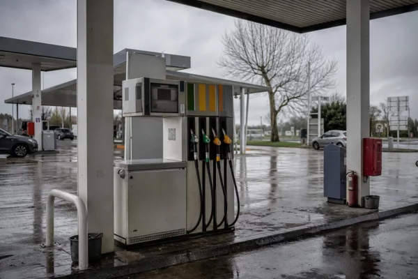 Une pompe à carburant en station-service, avec l’afficheur des prix et quelques voitures en arrière-plan.