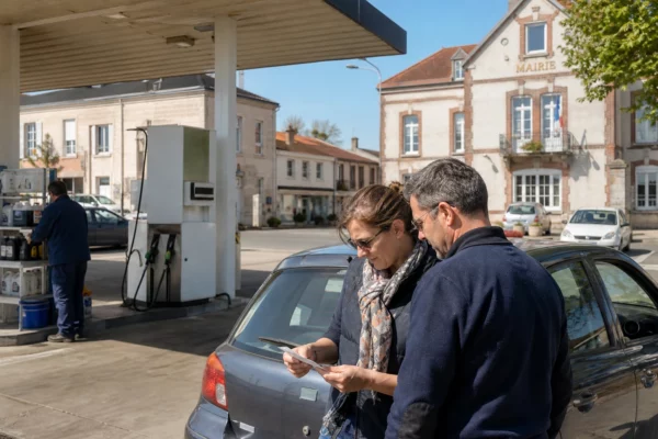 Habitants d’une ville moyenne française près d’une station-service générique, face à la hausse du prix des carburants