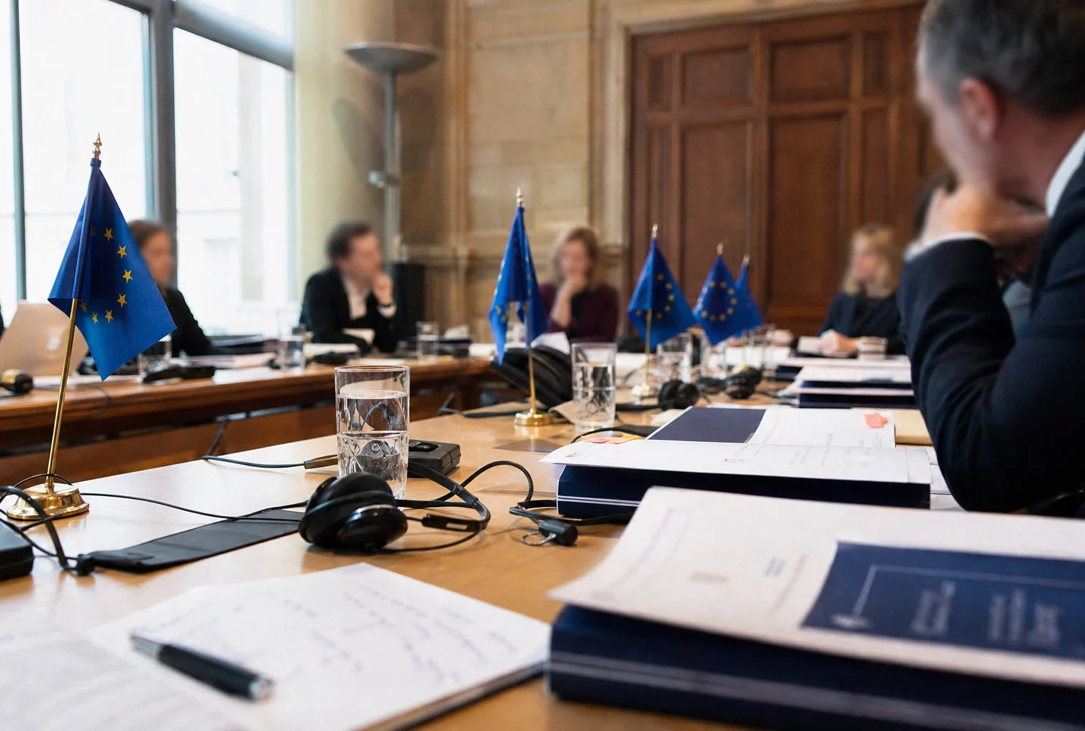 Table européenne avec dossiers, écouteurs et drapeaux miniatures dans une salle de justice française