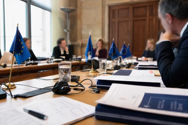 Table européenne avec dossiers, écouteurs et drapeaux miniatures dans une salle de justice française
