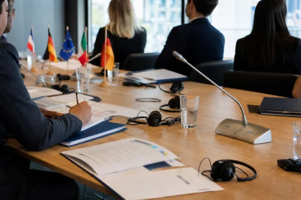 Table de réunion européenne avec dossiers, écouteurs et silhouettes anonymes autour d’un débat sur les libertés publiques
