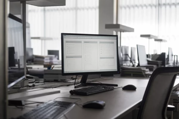 Bureau d’études d’opinion avec écrans de sondage, postes de travail alignés et dossiers papier en arrière-plan.