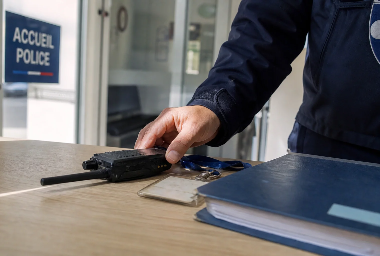 Main de policier posant une radio professionnelle près d’un badge et d’un dossier institutionnel à Paris