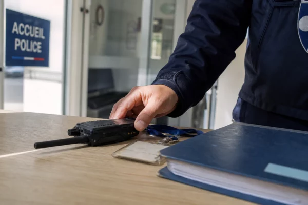 Main de policier posant une radio professionnelle près d’un badge et d’un dossier institutionnel à Paris