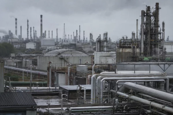 Raffinerie avec ses tuyauteries et ses unités de traitement, au cœur des mesures sur les carburants.