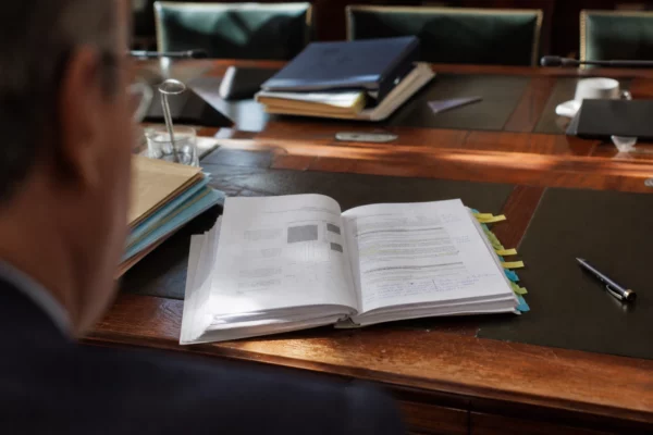 Un rapport imprimé sur les retraites posé sur une table de réunion, avec des pages annotées et des chaises vides autour.