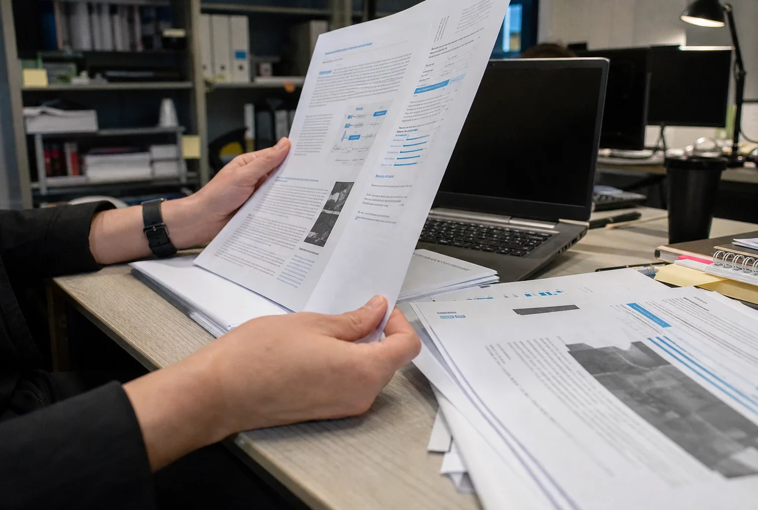 Dans un bureau parisien de VIGINUM, des mains feuillettent un rapport d’activité imprimé près d’un ordinateur et de dossiers.