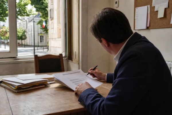 Collaborateur politique anonyme annotant un dossier dans une mairie française, en lumière naturelle