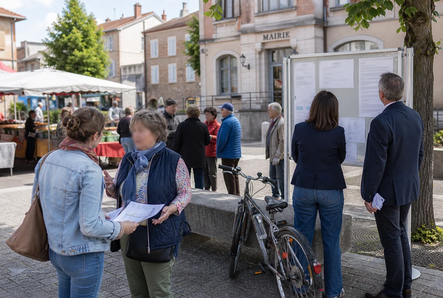 Habitants anonymes échangent sur une place de commune française près de la mairie et d’un marché local