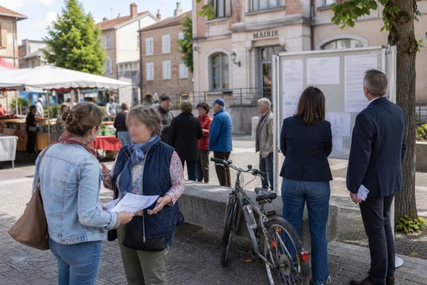 Habitants anonymes échangent sur une place de commune française près de la mairie et d’un marché local