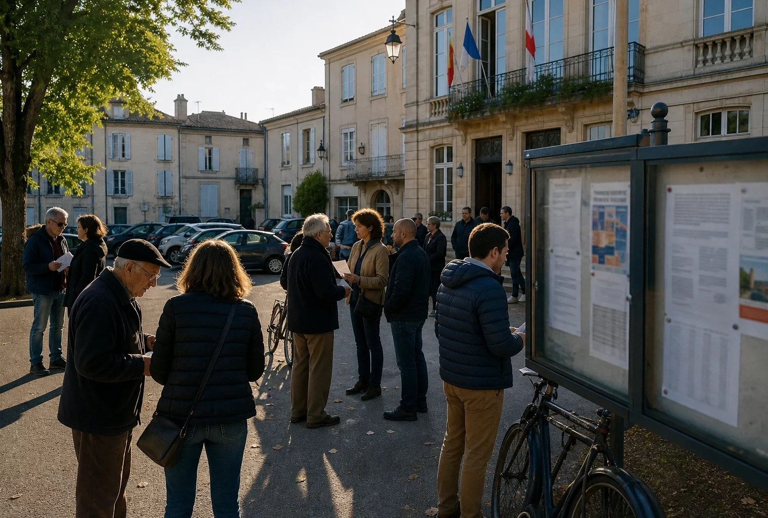 Habitants anonymes échangeant sur une place de ville française devant un équipement municipal