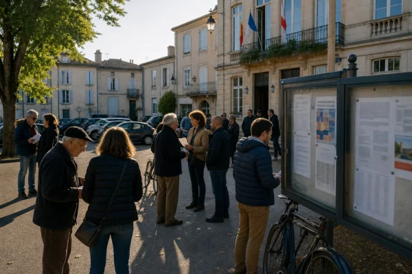 Habitants anonymes échangeant sur une place de ville française devant un équipement municipal
