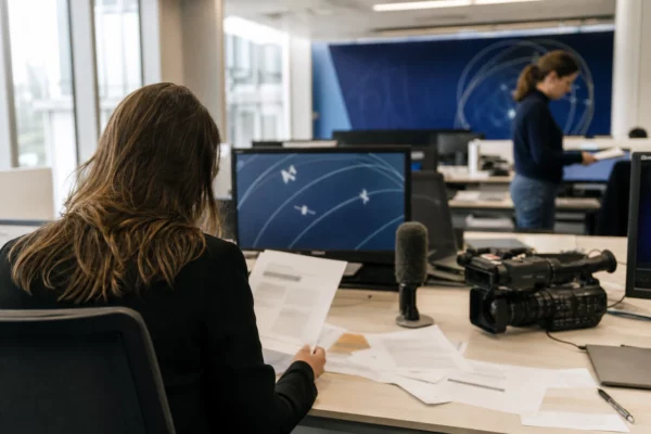 Rédaction parisienne préparant une couverture sur un sommet spatial, avec caméra, microphone et écrans abstraits