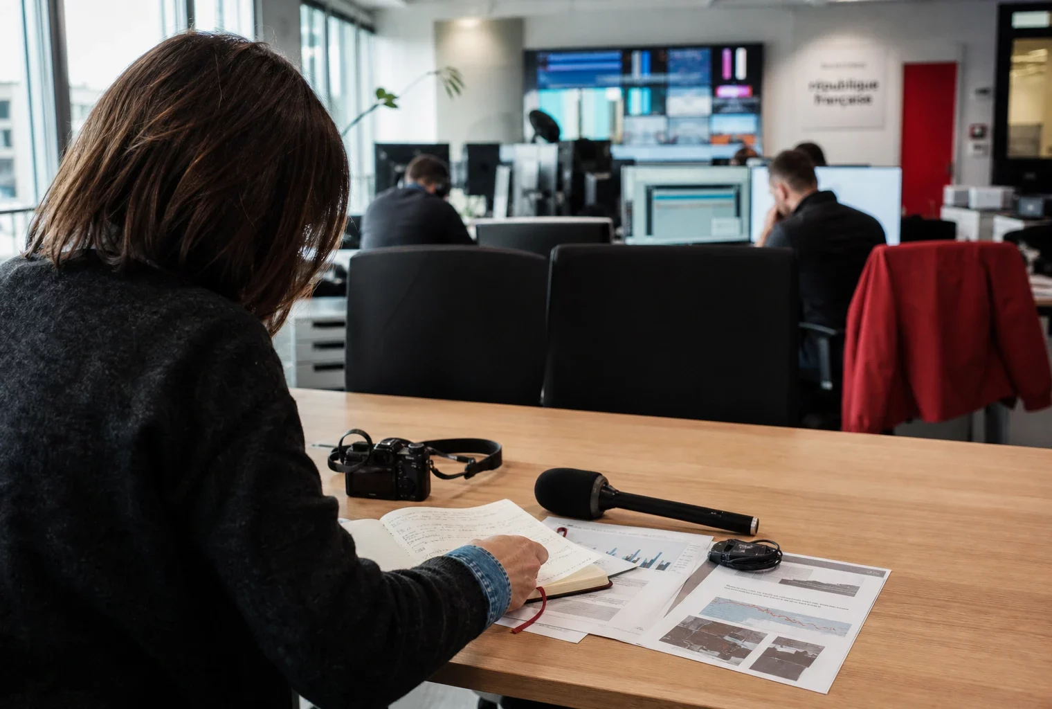 Rédaction française préparant un sujet sur l’avenir de l’industrie automobile, avec carnet, micro et écrans abstraits
