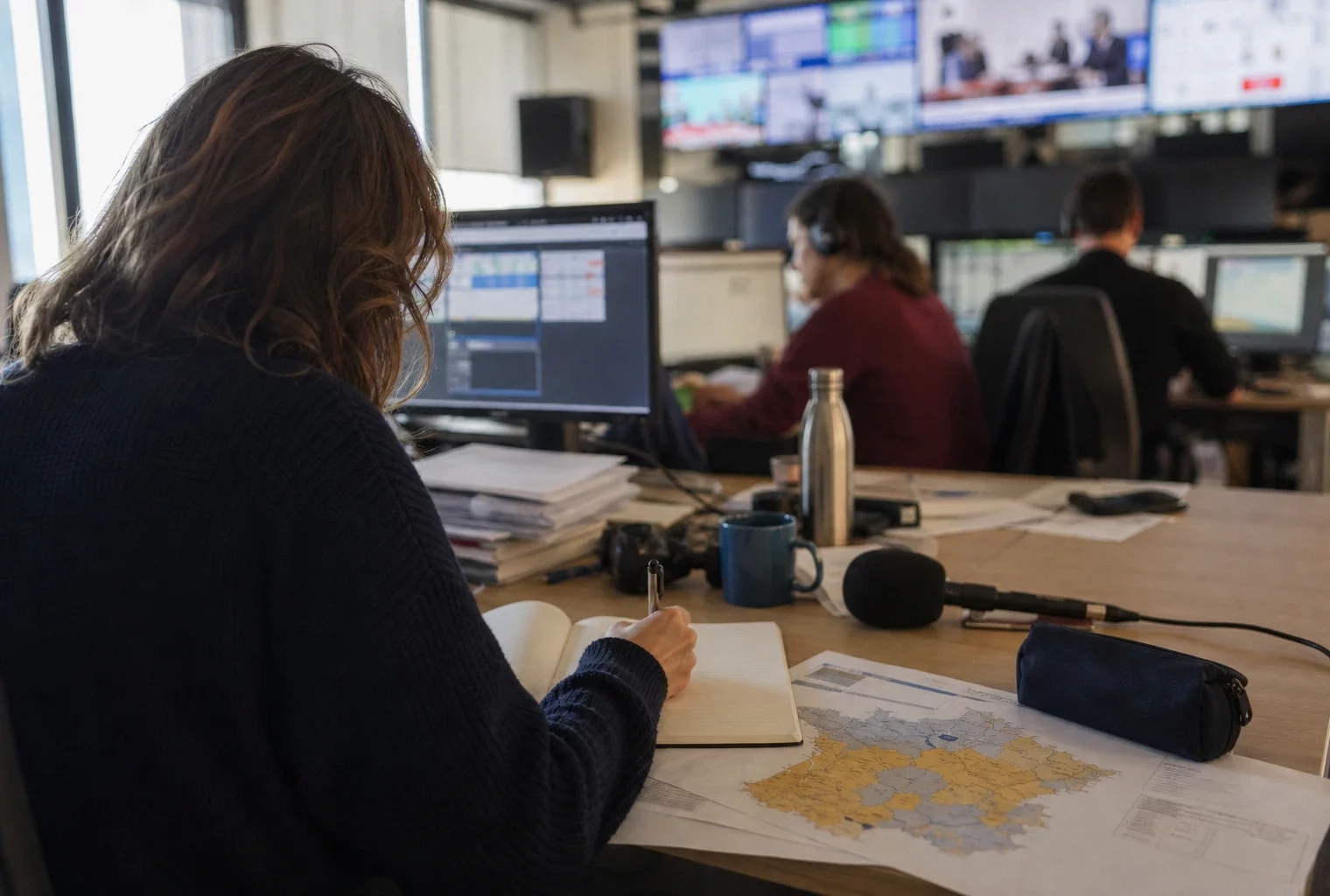 Journaliste préparant un sujet politique dans une rédaction locale, avec carnet, carte floue et micro sans logo