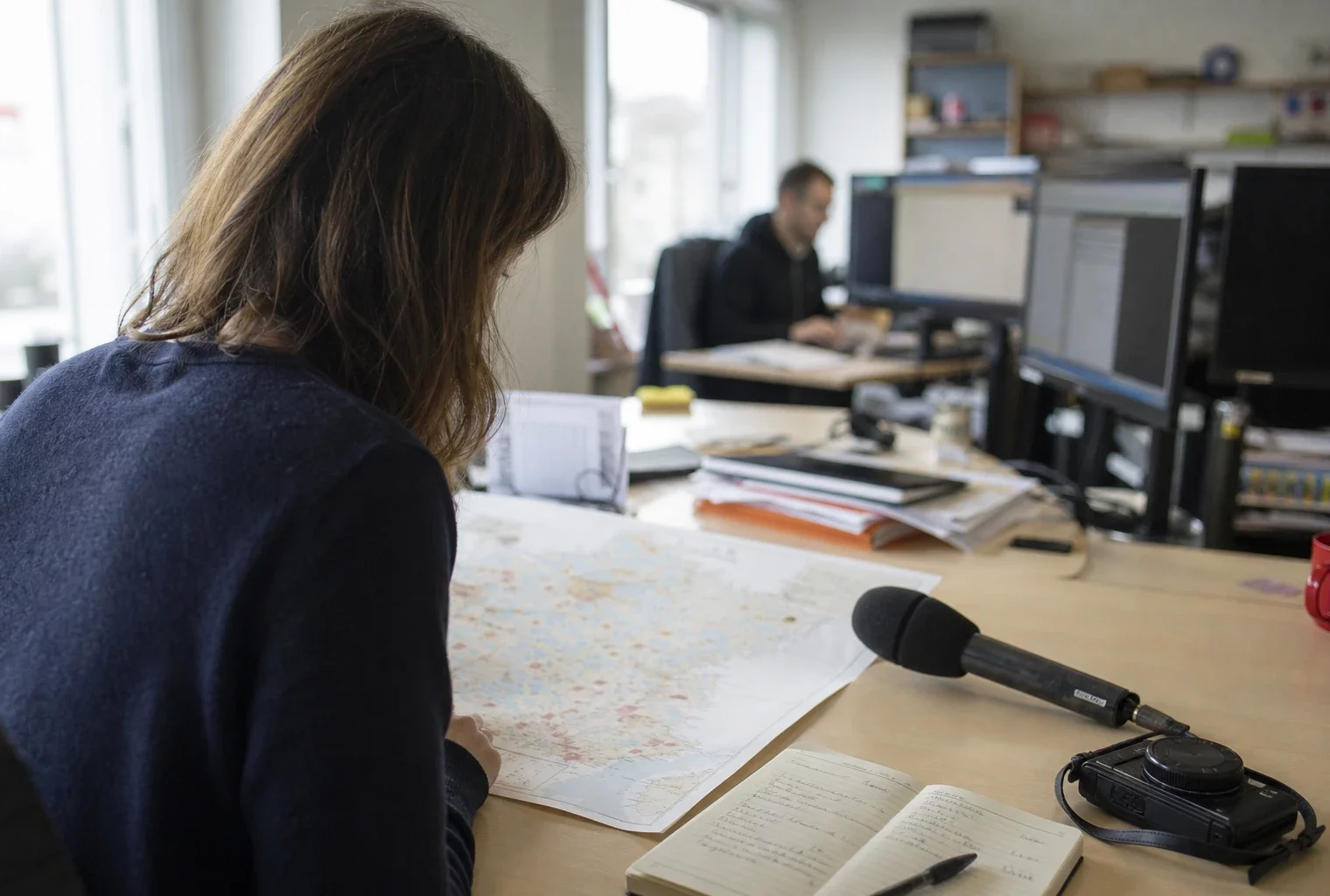 Journaliste préparant un sujet sur la dépense publique dans une rédaction locale française, avec carte et micro