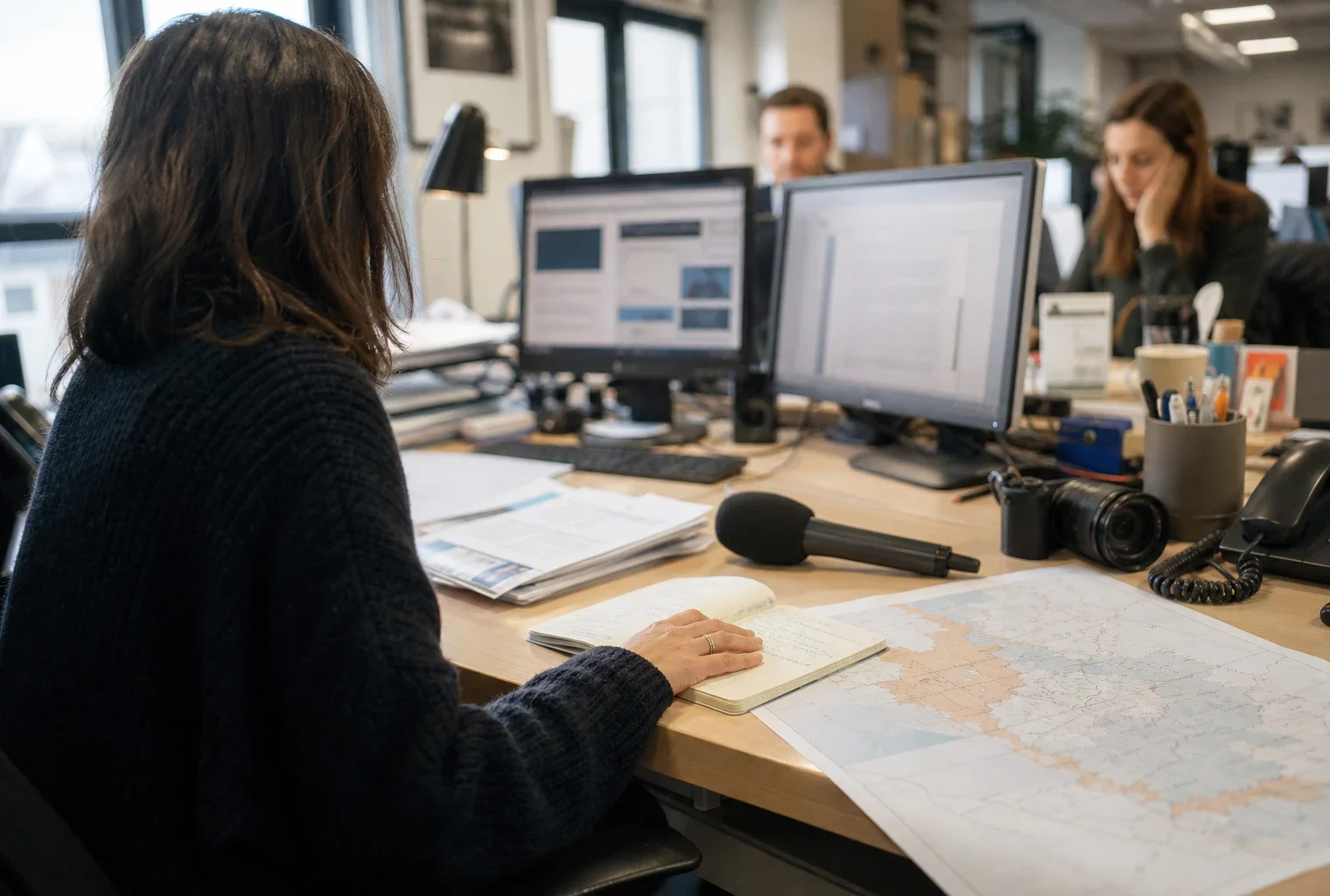 Journaliste préparant un sujet sur l’IA dans une rédaction locale française, avec carnet, micro et carte floue