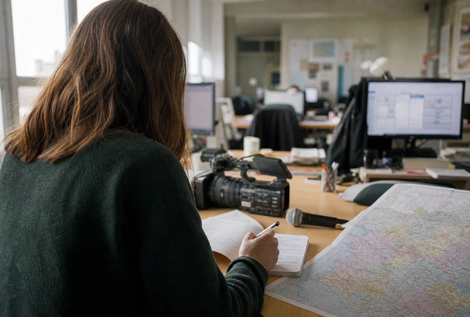 Journaliste préparant dans une rédaction locale un sujet sur la loi contre les violences sexistes et sexuelles