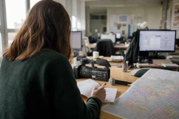 Journaliste préparant dans une rédaction locale un sujet sur la loi contre les violences sexistes et sexuelles