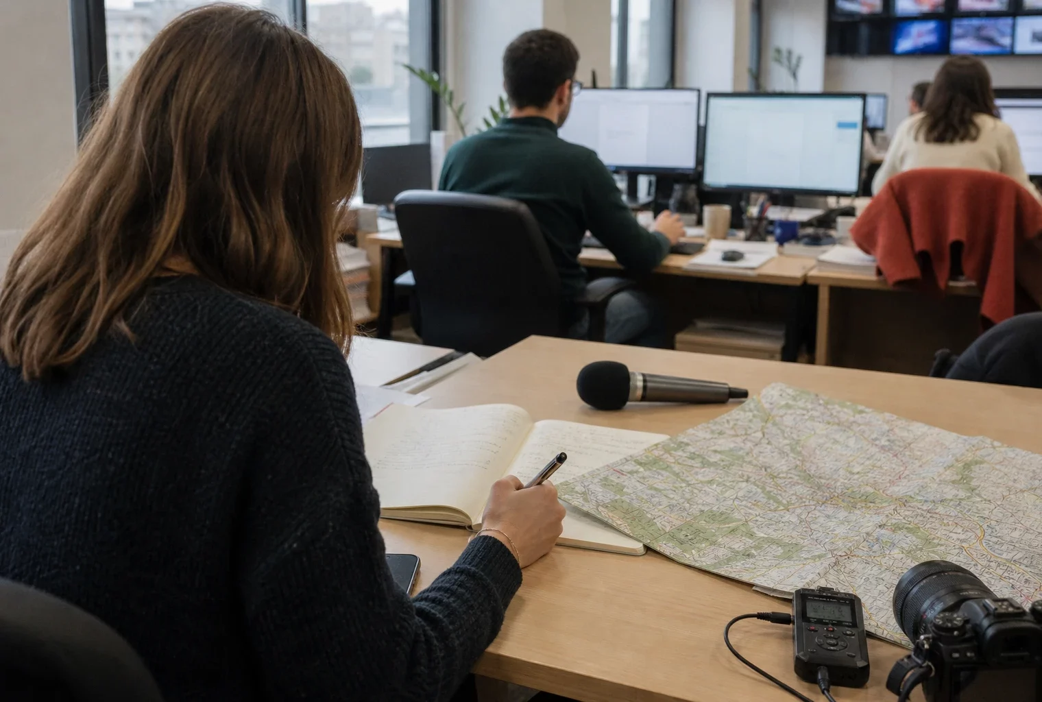 Journaliste préparant un sujet sur les sénatoriales du Rhône dans une rédaction locale lyonnaise
