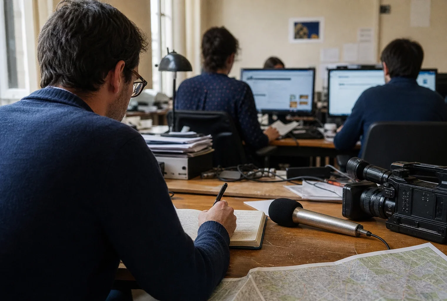 Journaliste préparant un sujet local dans une rédaction française, avec carnet, micro et carte papier floue