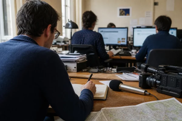 Journaliste préparant un sujet local dans une rédaction française, avec carnet, micro et carte papier floue