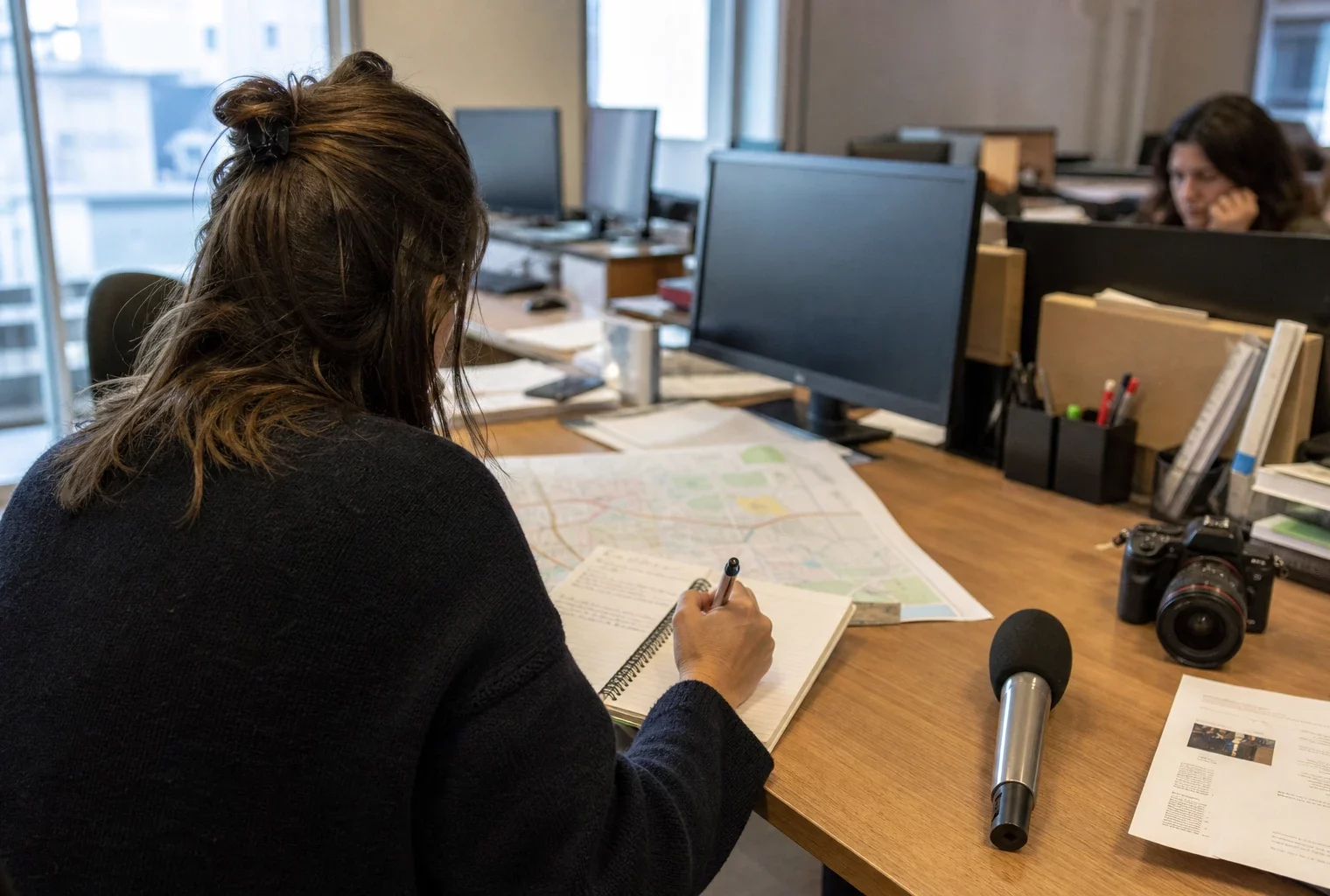 Journaliste préparant un sujet local dans une rédaction française, avec carnet, carte floue, micro et caméra de presse