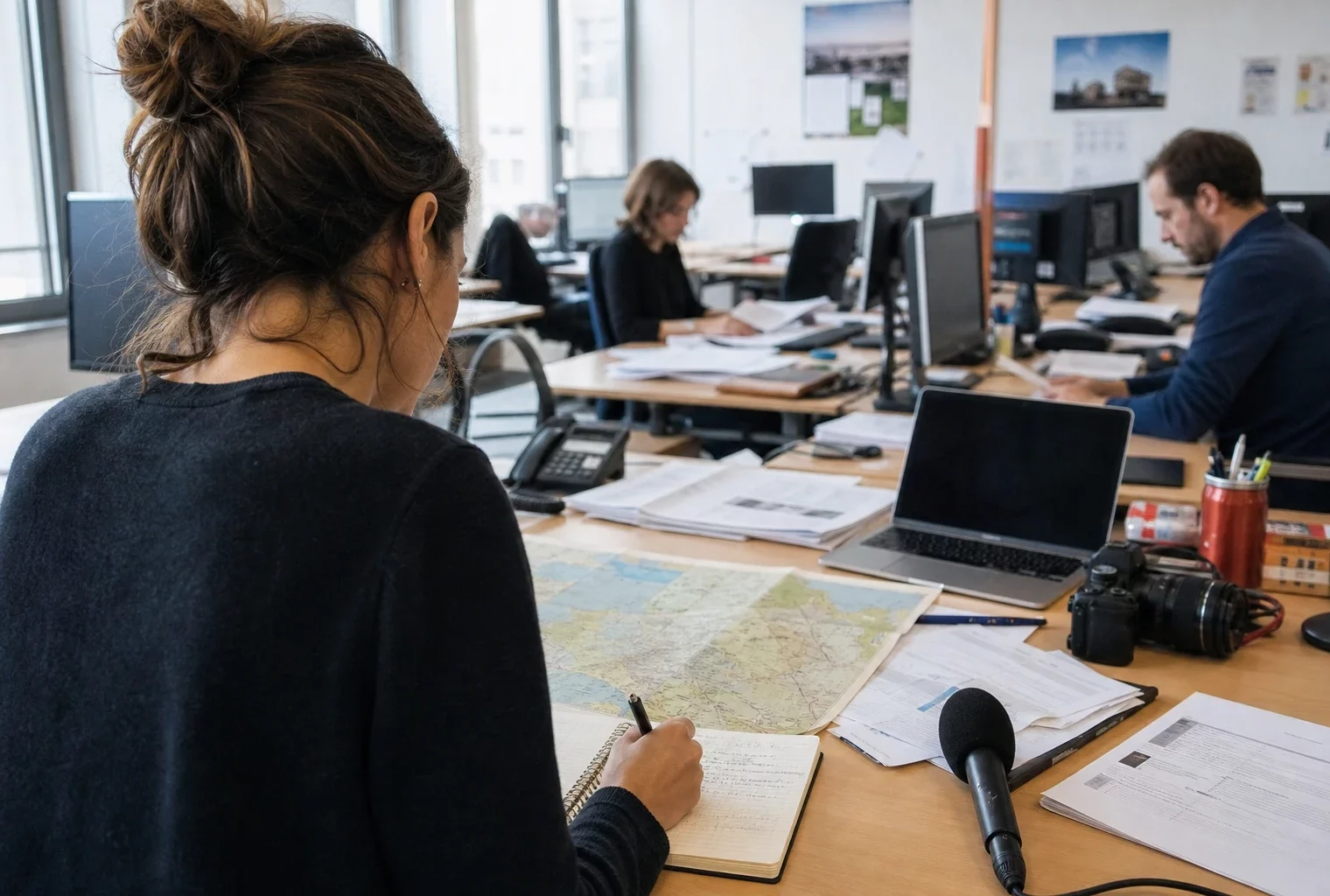Journaliste préparant un sujet politique territorial dans une rédaction locale française, avec carnet, carte floue et micro sans logo