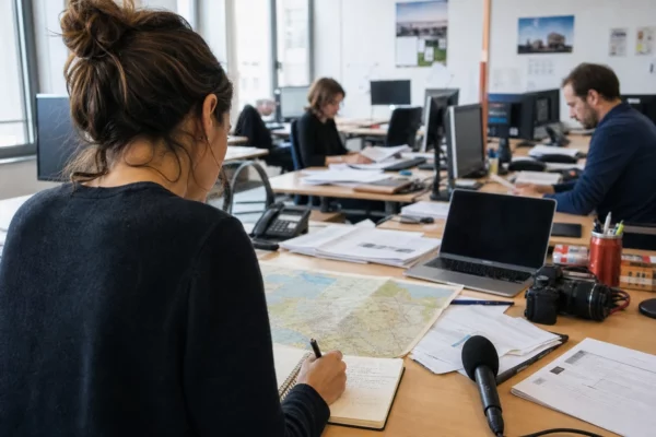 Journaliste préparant un sujet politique territorial dans une rédaction locale française, avec carnet, carte floue et micro sans logo