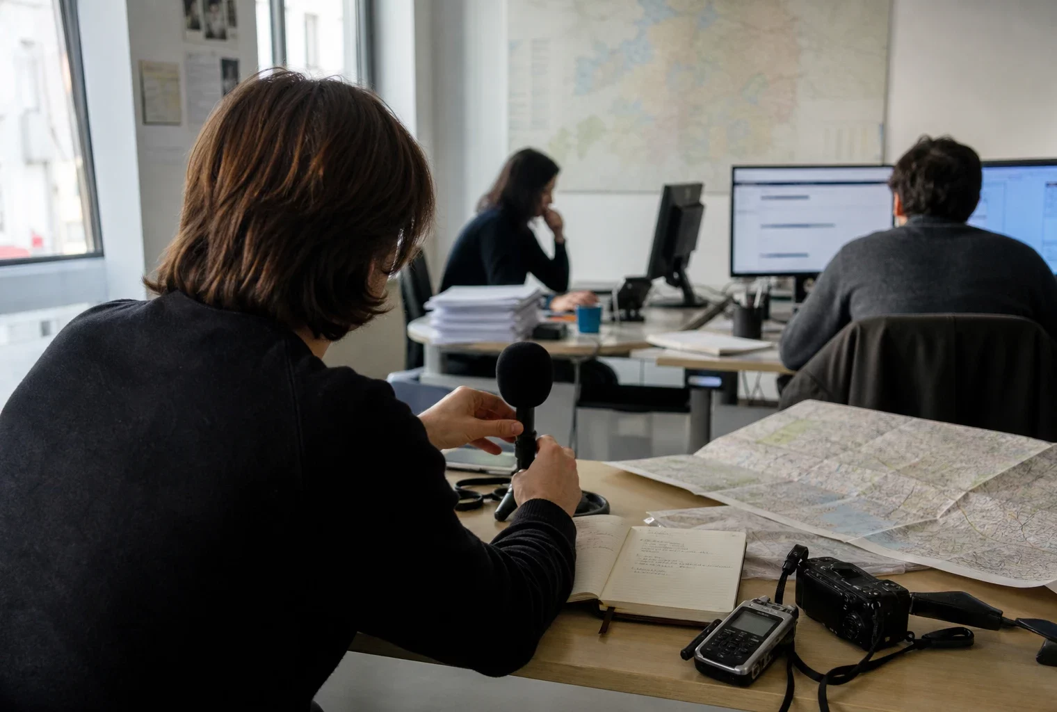 Journaliste préparant un sujet sur la présidentielle 2027 dans une rédaction locale française, avec carnet et carte floue