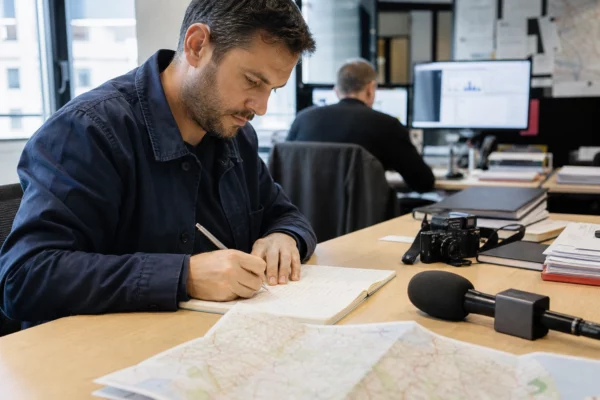 Journaliste préparant un sujet politique dans une rédaction locale française, avec carnet, carte papier et micro sans logo