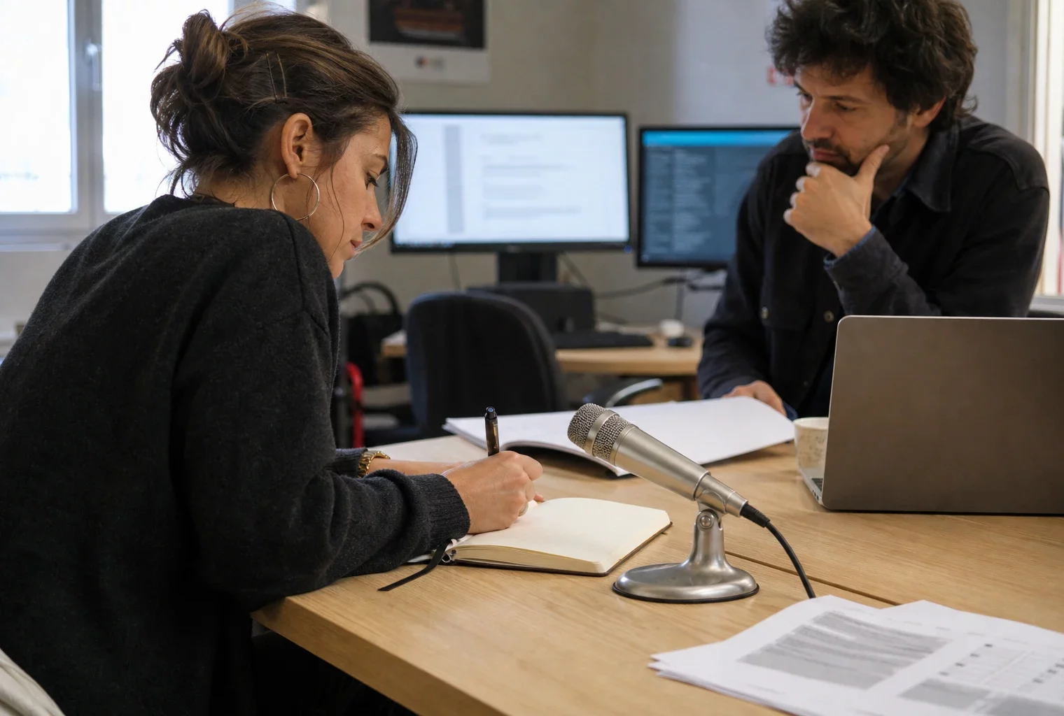 Rédaction française préparant un sujet sur les parrainages présidentiels, avec carnet, micro et écrans abstraits