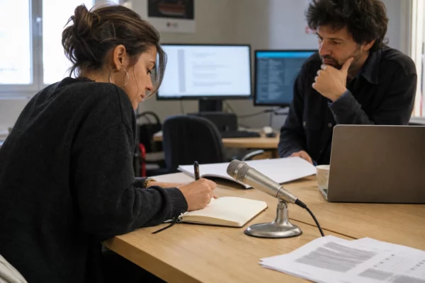 Rédaction française préparant un sujet sur les parrainages présidentiels, avec carnet, micro et écrans abstraits