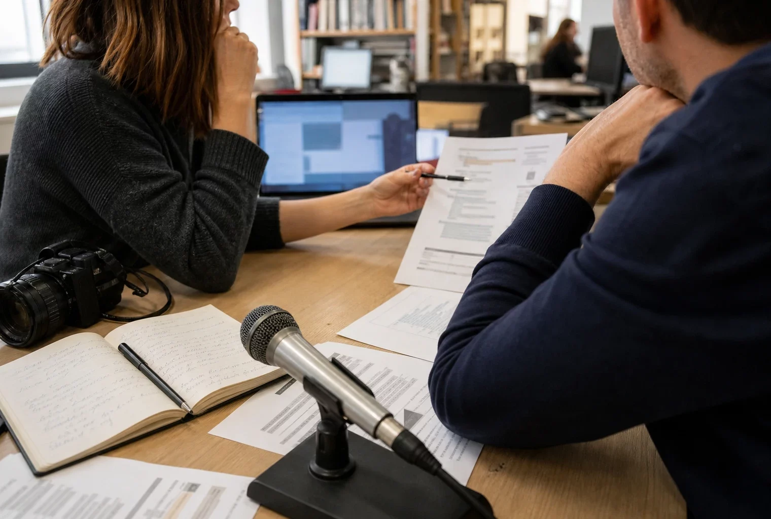 Journalistes anonymes en rédaction examinant un dossier juridique sur les pouvoirs du maire et le droit au mariage